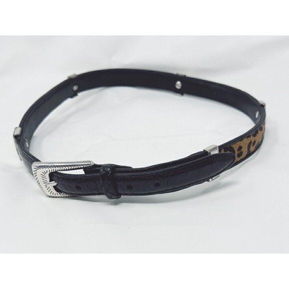 Brighton Sz M/L Black Leather Leopard Print Pony Calf Hair Patchwork Belt Mix